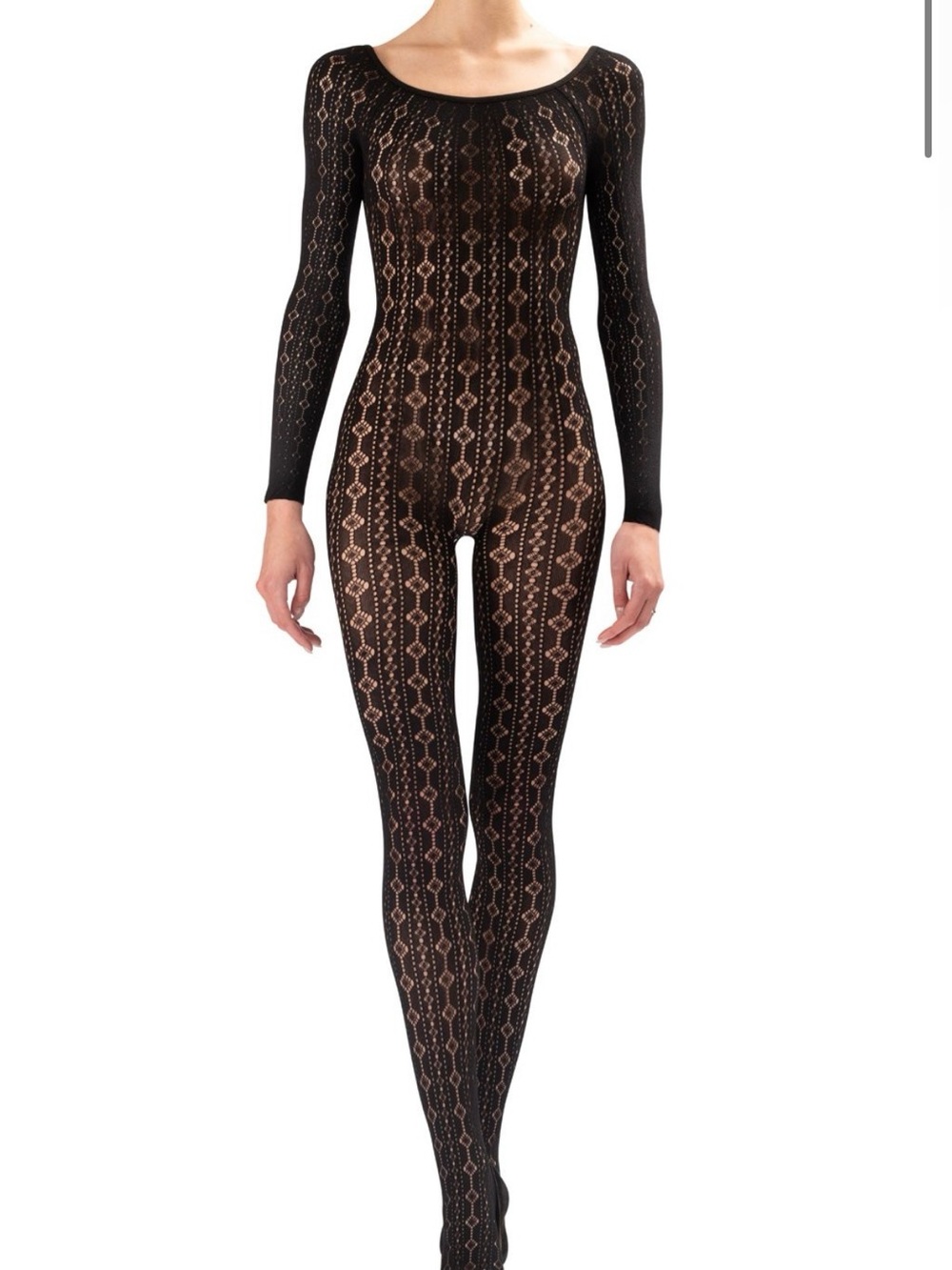Black Lace Pattern Long-Sleeve Full Bodysuit